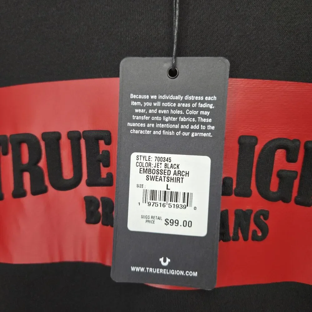 New True Religion Mens Embossed Arch Crewneck Sweatshirt Black Red Large
